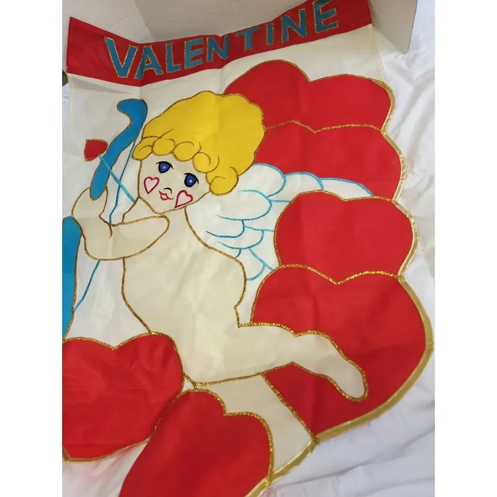 Vtg 90's Valentine Garden Flag Banner Decor Angel Blue Eyes Retro Y2K